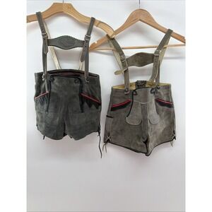 Vtg Bavarian German Children's Lederhosen Gray Suede Leather Shorts Set Of 2